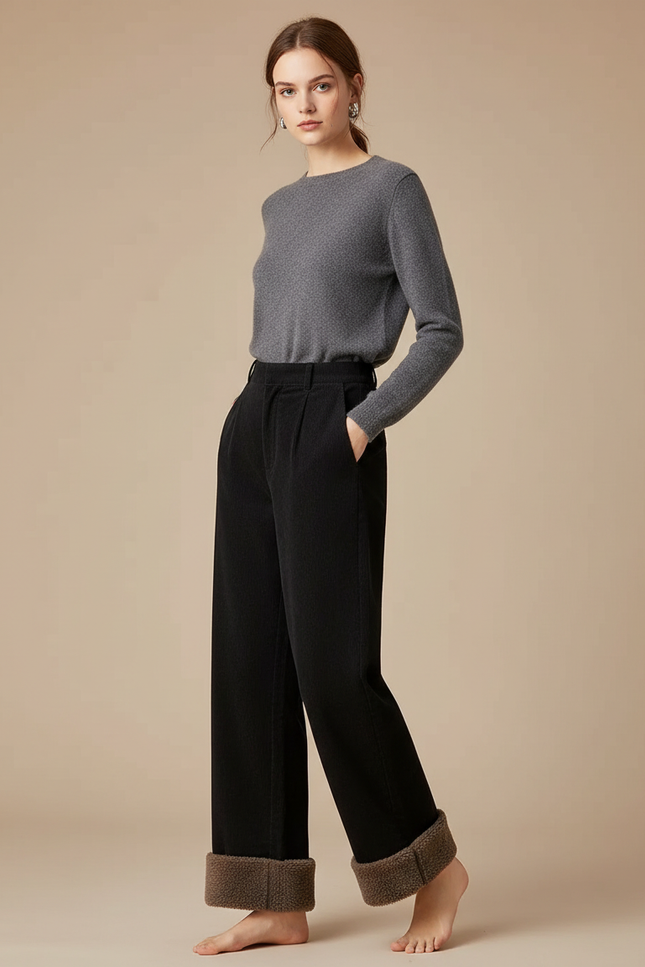Pantalon Noir Côtelé Ample Doublé Polaire Femme - Cordé