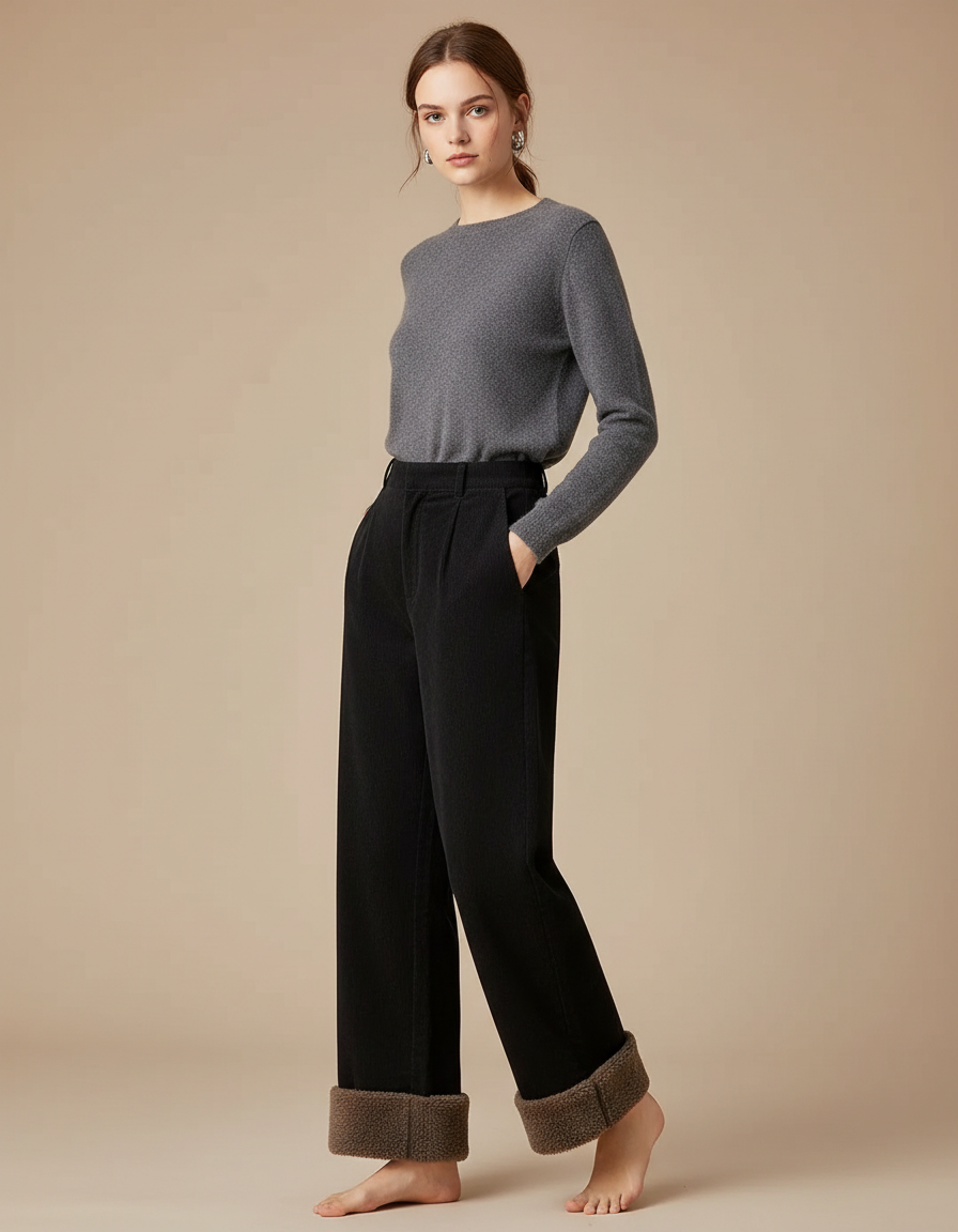 Pantalon Noir Côtelé Ample Doublé Polaire Femme - Cordé