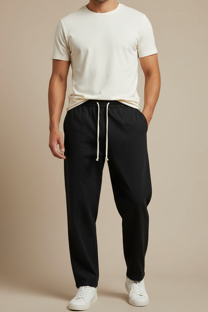 Pantalon Noir Coton Lin Droit Décontracté Homme