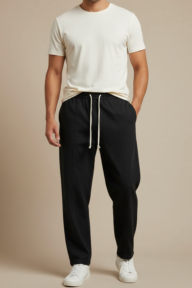 Pantalon Noir Coton Lin Droit Décontracté Homme