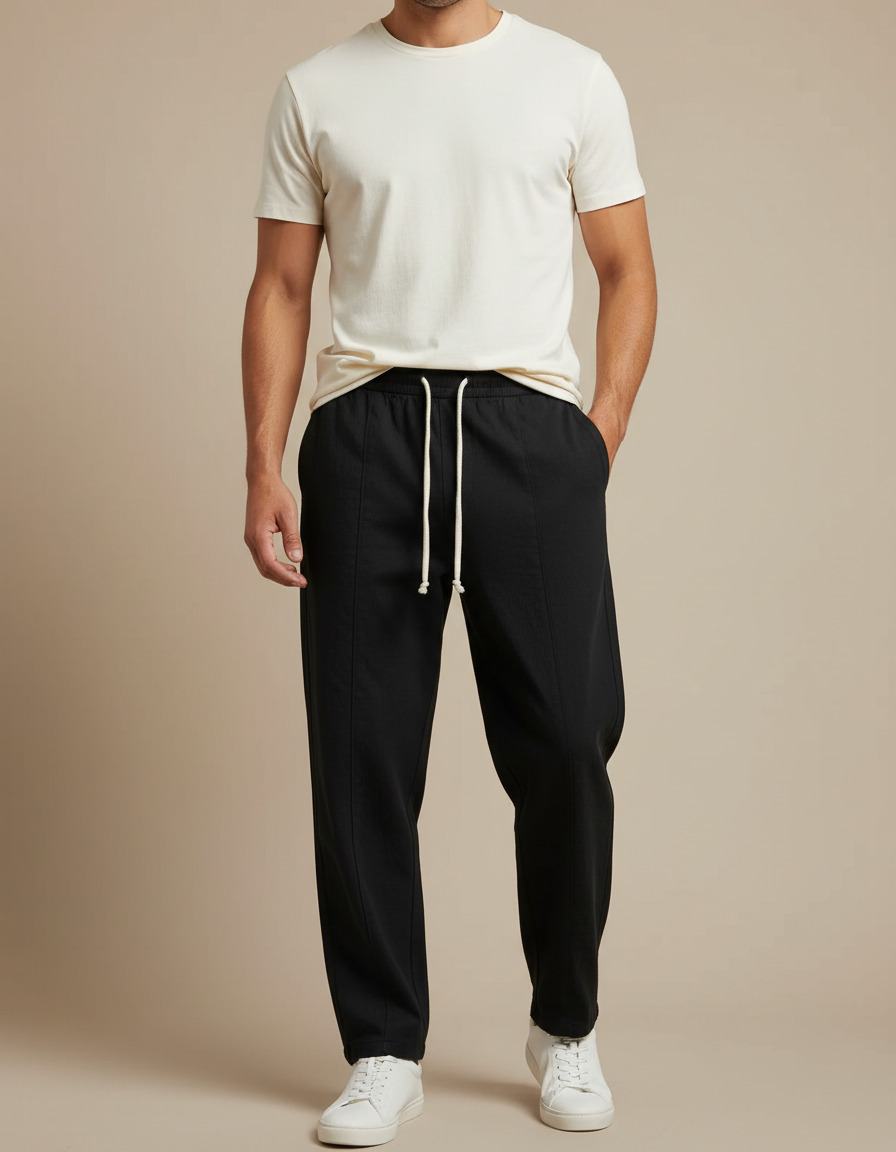 Pantalon Noir Coton Lin Droit Décontracté Homme