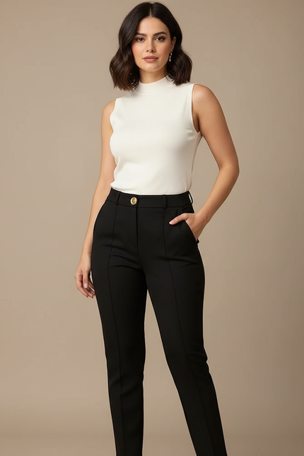 Pantalon Noir Taille Haute Slim Élegant Femme - Polyester