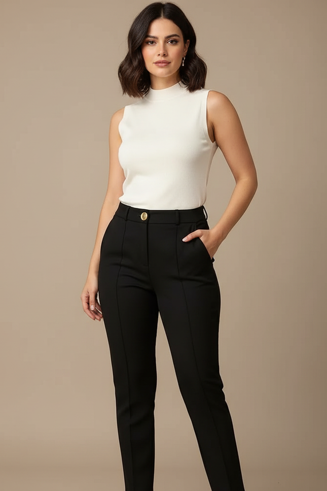 Pantalon Noir Taille Haute Slim Élegant Femme - Polyester