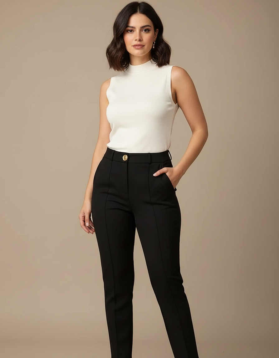 Pantalon Noir Taille Haute Slim Élegant Femme - Polyester