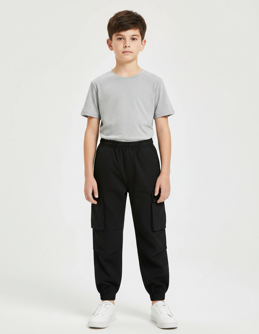 Pantalon Noir Cargo Ample Garçon Décontracté - Polyester