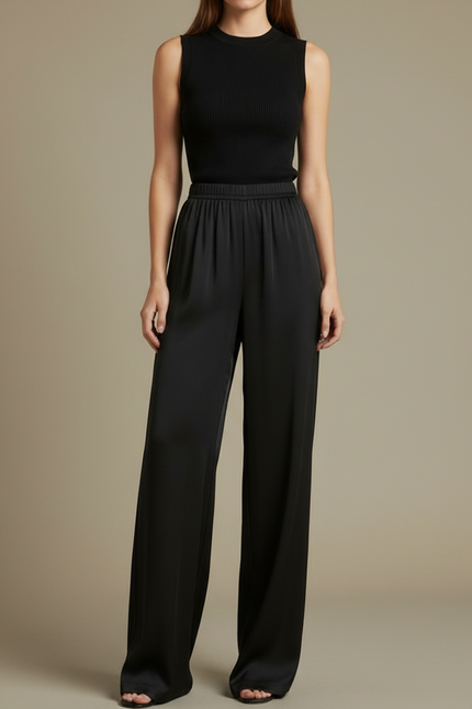 Pantalon Noir Fluide Ample Satiné Élégant Femme