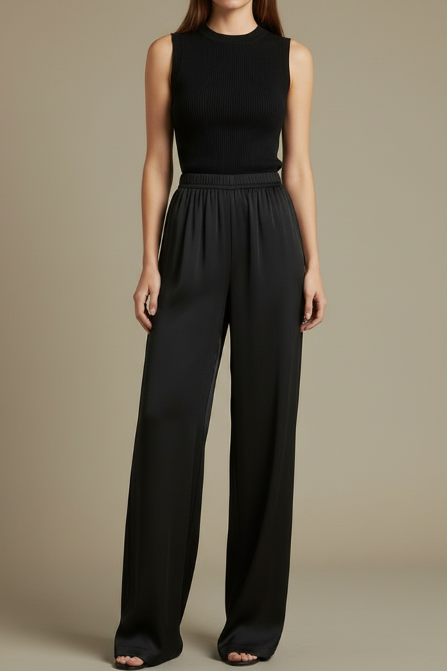 Pantalon Noir Fluide Ample Satiné Élégant Femme