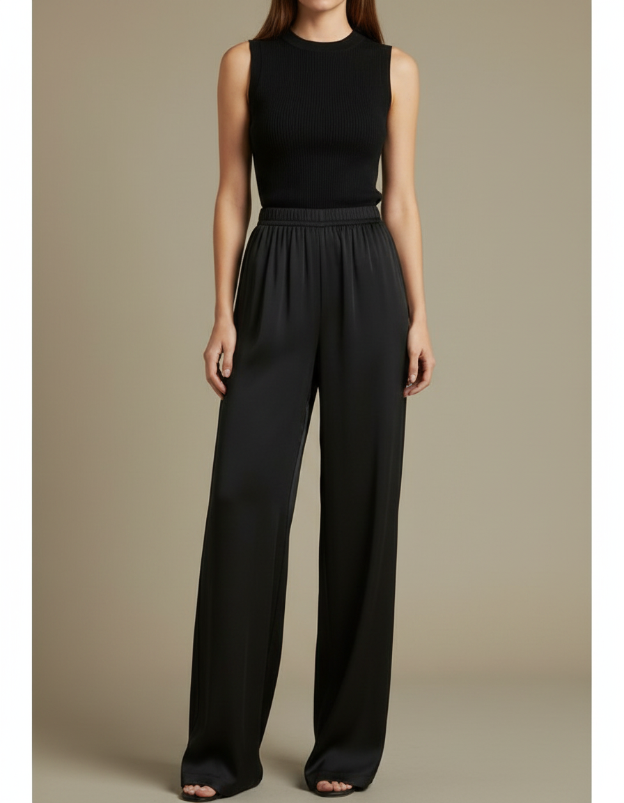 Pantalon Noir Fluide Ample Satiné Élégant Femme