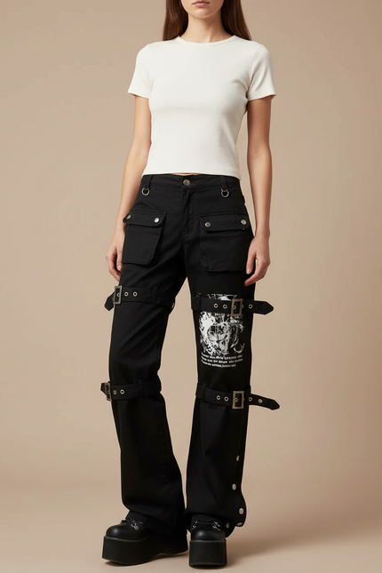 Pantalon Noir Cargo Boucles Imprimé Y2K Femme - Toile