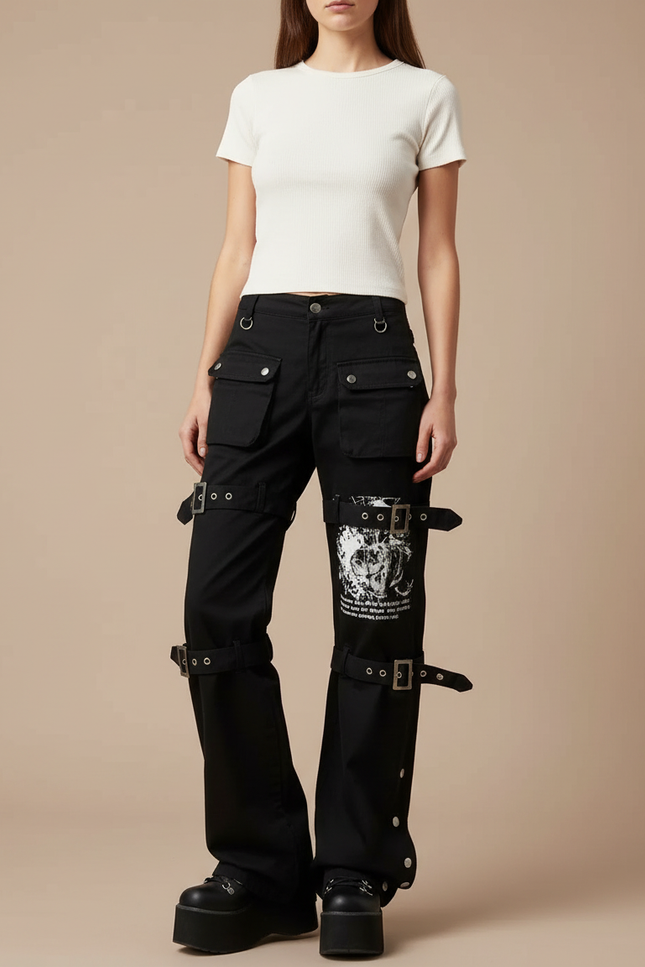 Pantalon Noir Cargo Boucles Imprimé Y2K Femme - Toile