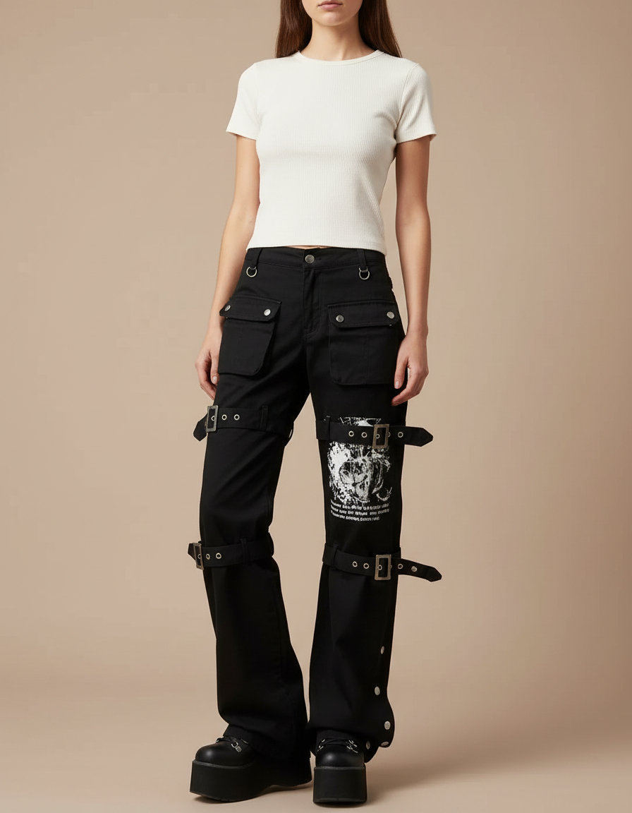 Pantalon Noir Cargo Boucles Imprimé Y2K Femme - Toile
