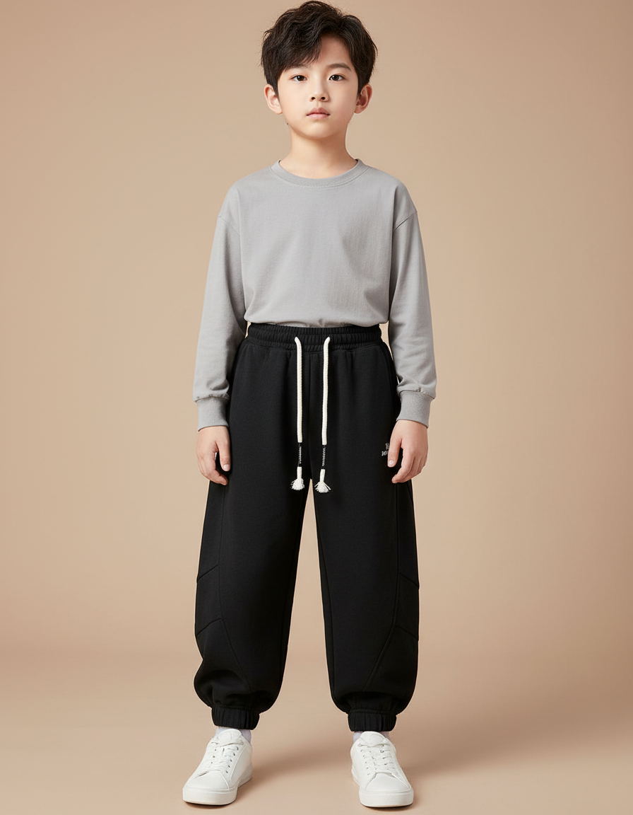 Pantalon Noir Ample Sport Décontracté Cordon Garçon - Molleton