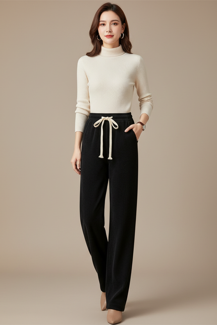 Pantalon Noir Côtelé Ample Décontracté Cordon Élastique - Cordé