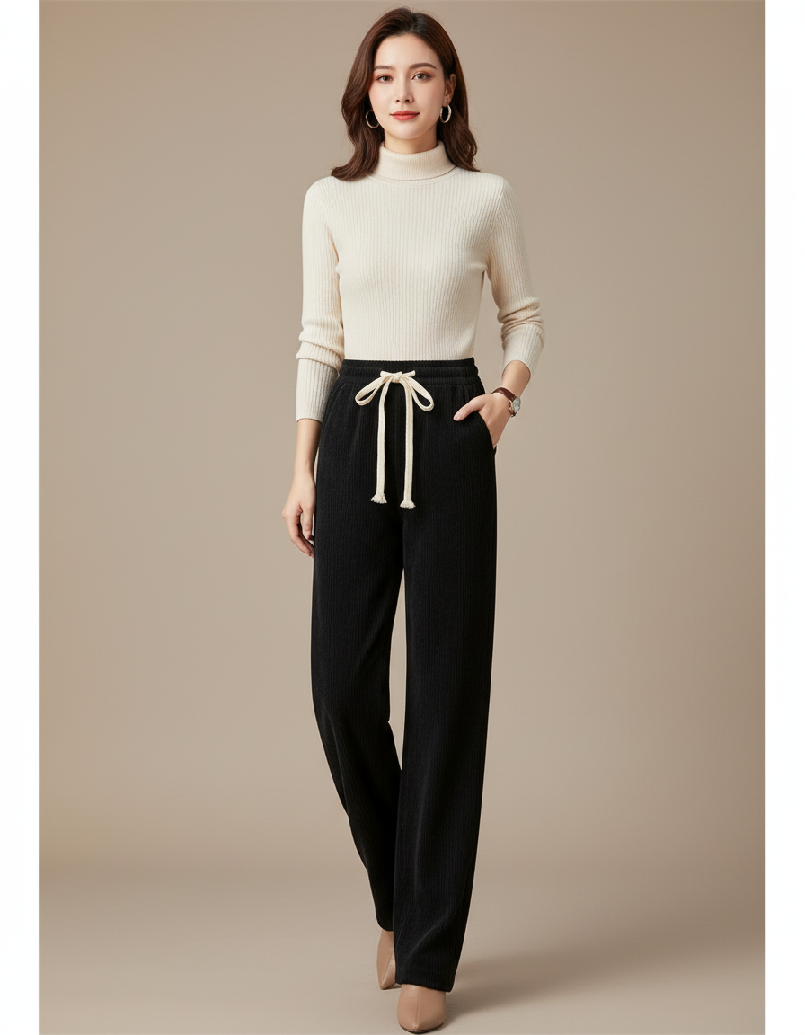 Pantalon Noir Côtelé Ample Décontracté Cordon Élastique - Cordé