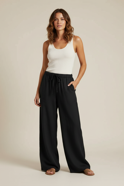 Pantalon Noir Ample Fluide Cordon Décontracté Femme - Lin