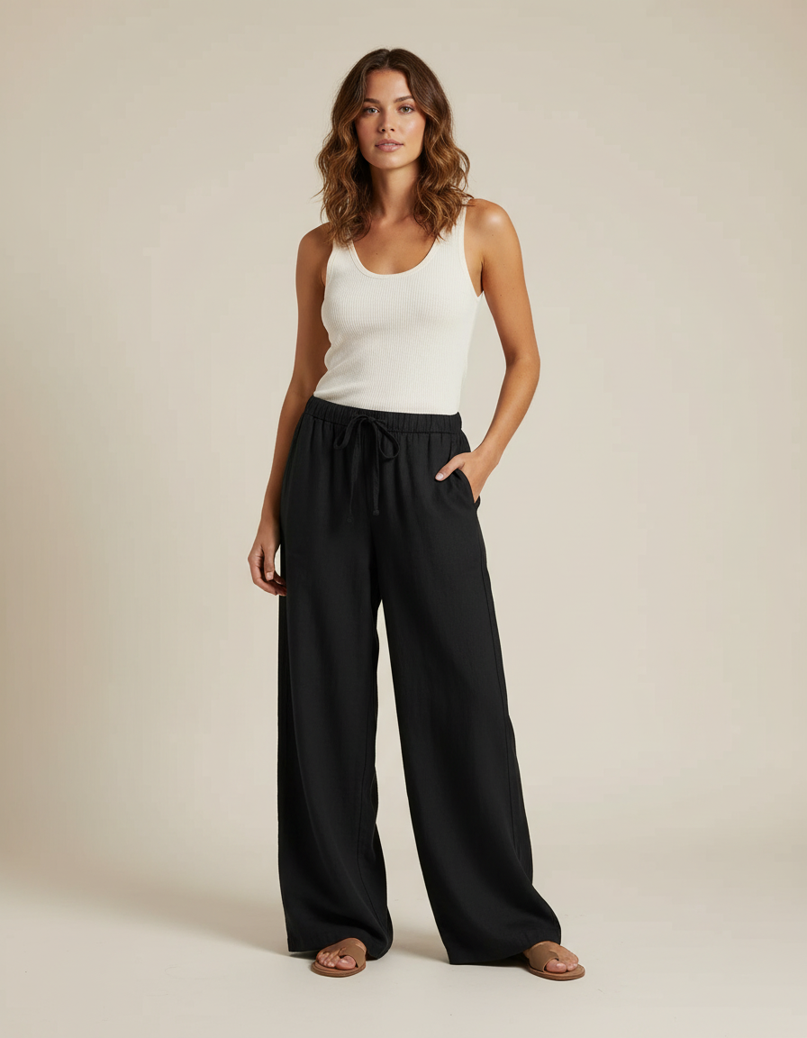 Pantalon Noir Ample Fluide Cordon Décontracté Femme - Lin