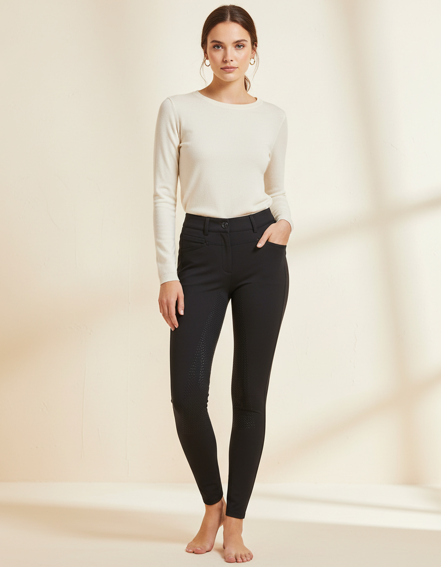 Pantalon Noir Équitation Silicone Ajusté Respirant Femme - Polyester