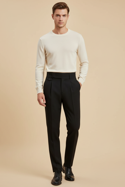 Pantalon Noir Homme Plissé Taille Haute Élégant - Gabardine