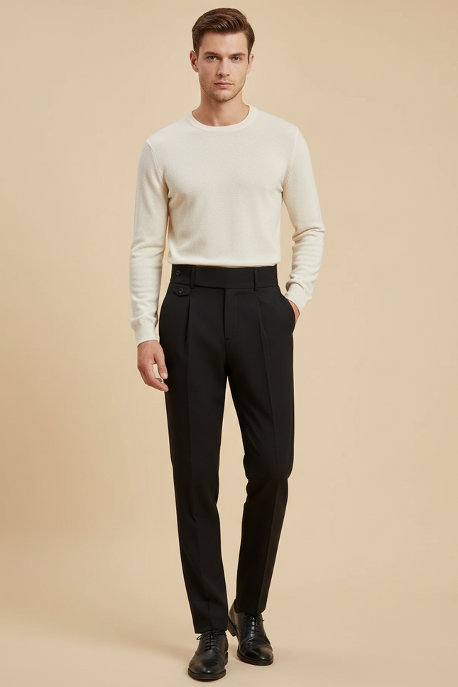 Pantalon Noir Homme Plissé Taille Haute Élégant - Gabardine