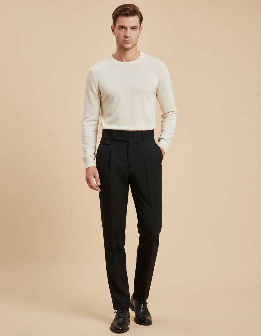 Pantalon Noir Homme Plissé Taille Haute Élégant - Gabardine