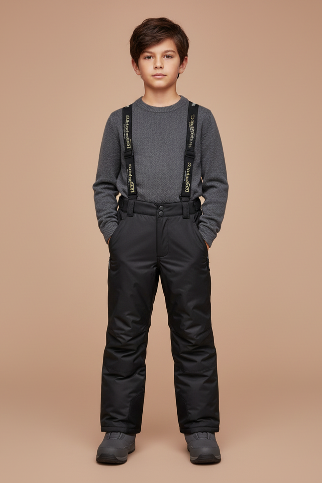 Pantalon Noir Imperméable Bretelles Ski Enfant - Polyester