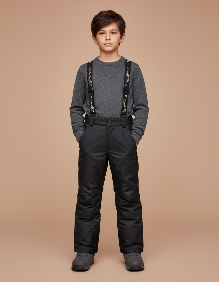 Pantalon Noir Imperméable Bretelles Ski Enfant - Polyester