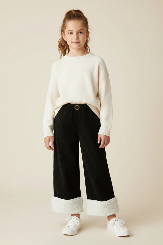 Pantalon Noir Côtelé Large Doublé Sherpa Enfant - Cordé