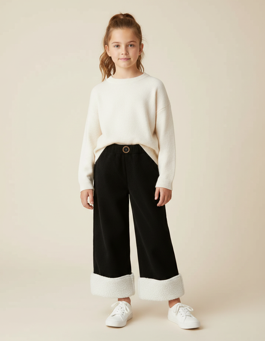 Pantalon Noir Côtelé Large Doublé Sherpa Enfant - Cordé