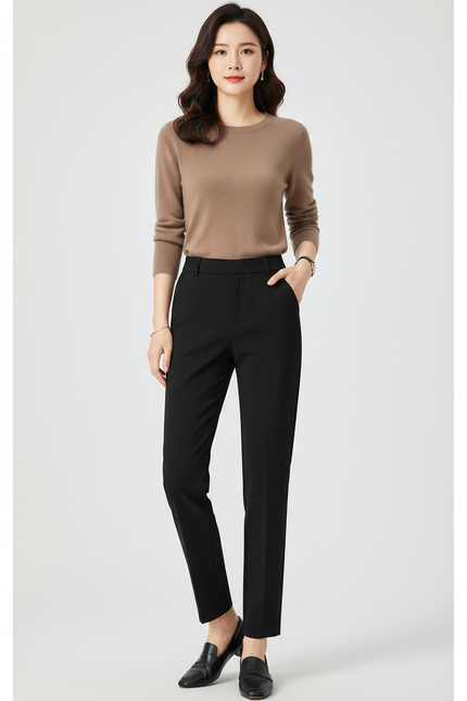 Pantalon Noir Droit Élégant Taille Haute Femme - Polyester