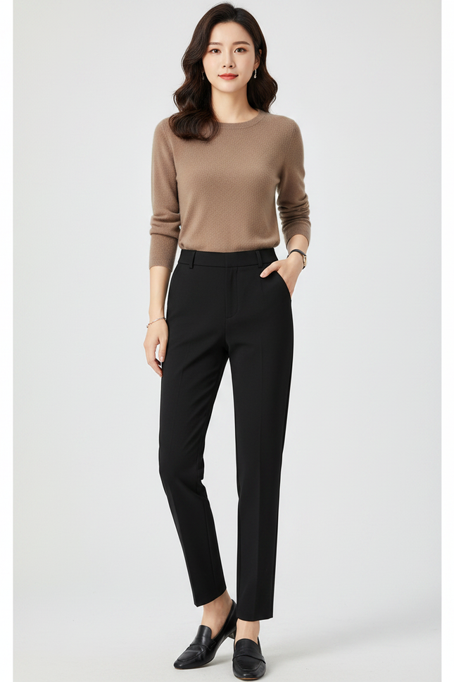 Pantalon Noir Droit Élégant Taille Haute Femme - Polyester