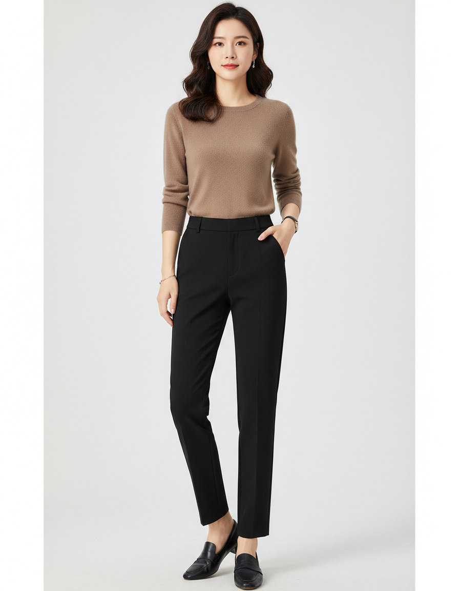 Pantalon Noir Droit Élégant Taille Haute Femme - Polyester