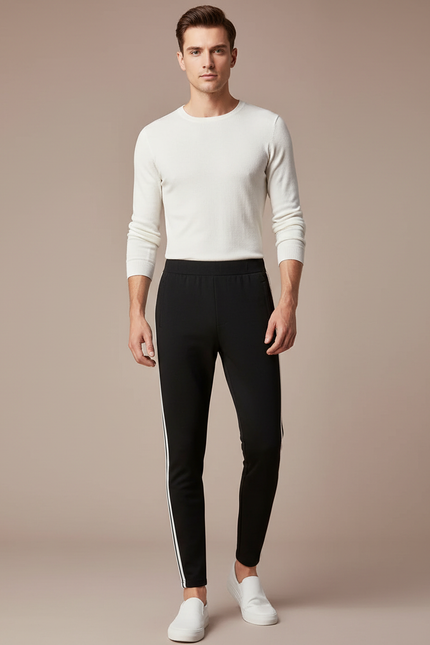Pantalon Noir Slim Bande Blanche Latérale Homme - Maille