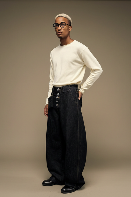 Pantalon Noir Ample Denim Boutons Homme Décontracté - Jean