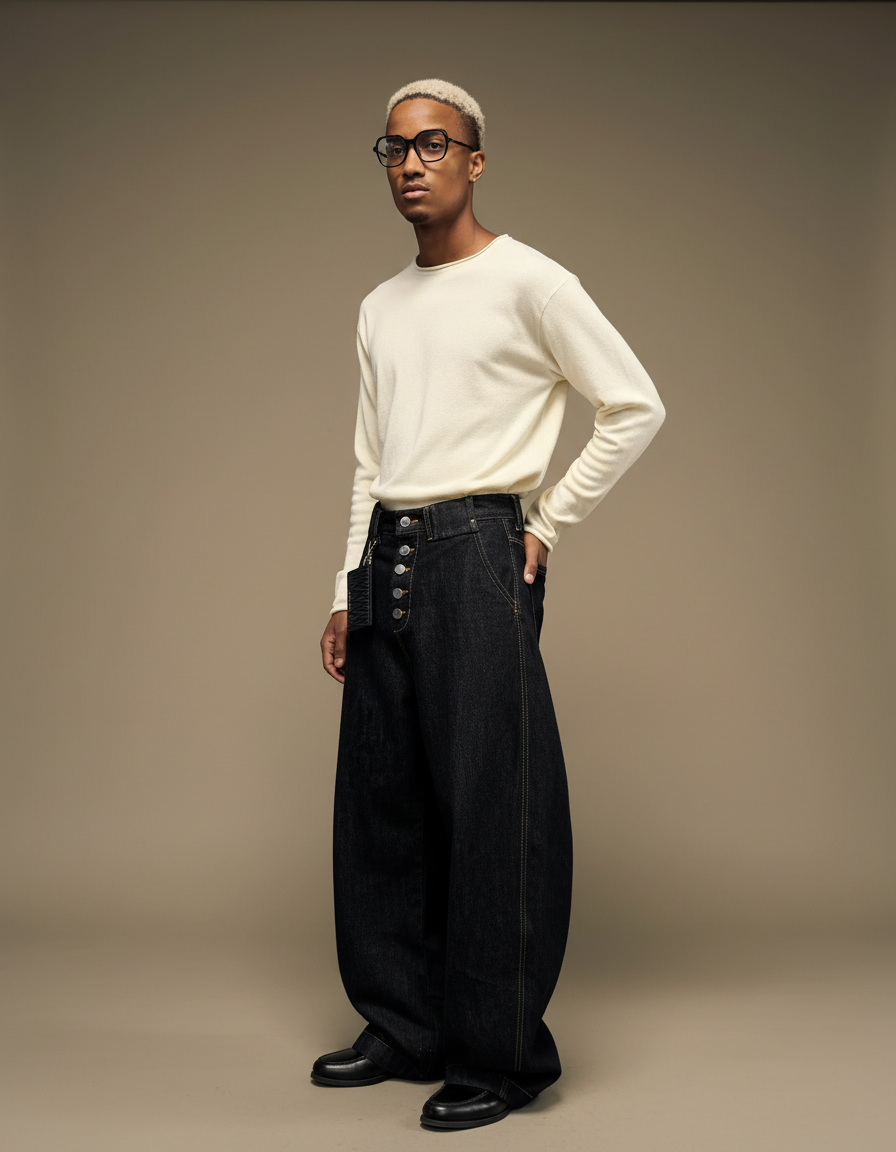 Pantalon Noir Ample Denim Boutons Homme Décontracté - Jean
