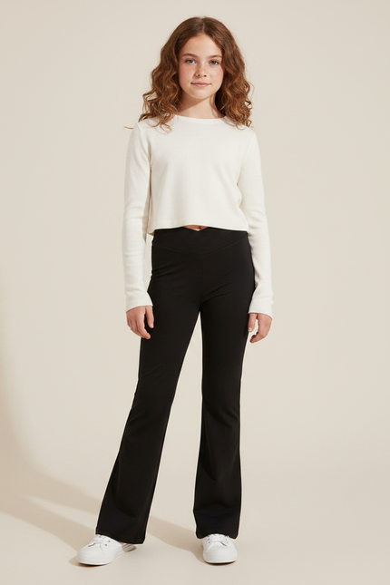 Pantalon Noir Flared Taille Haute Fille Confortable - Maille