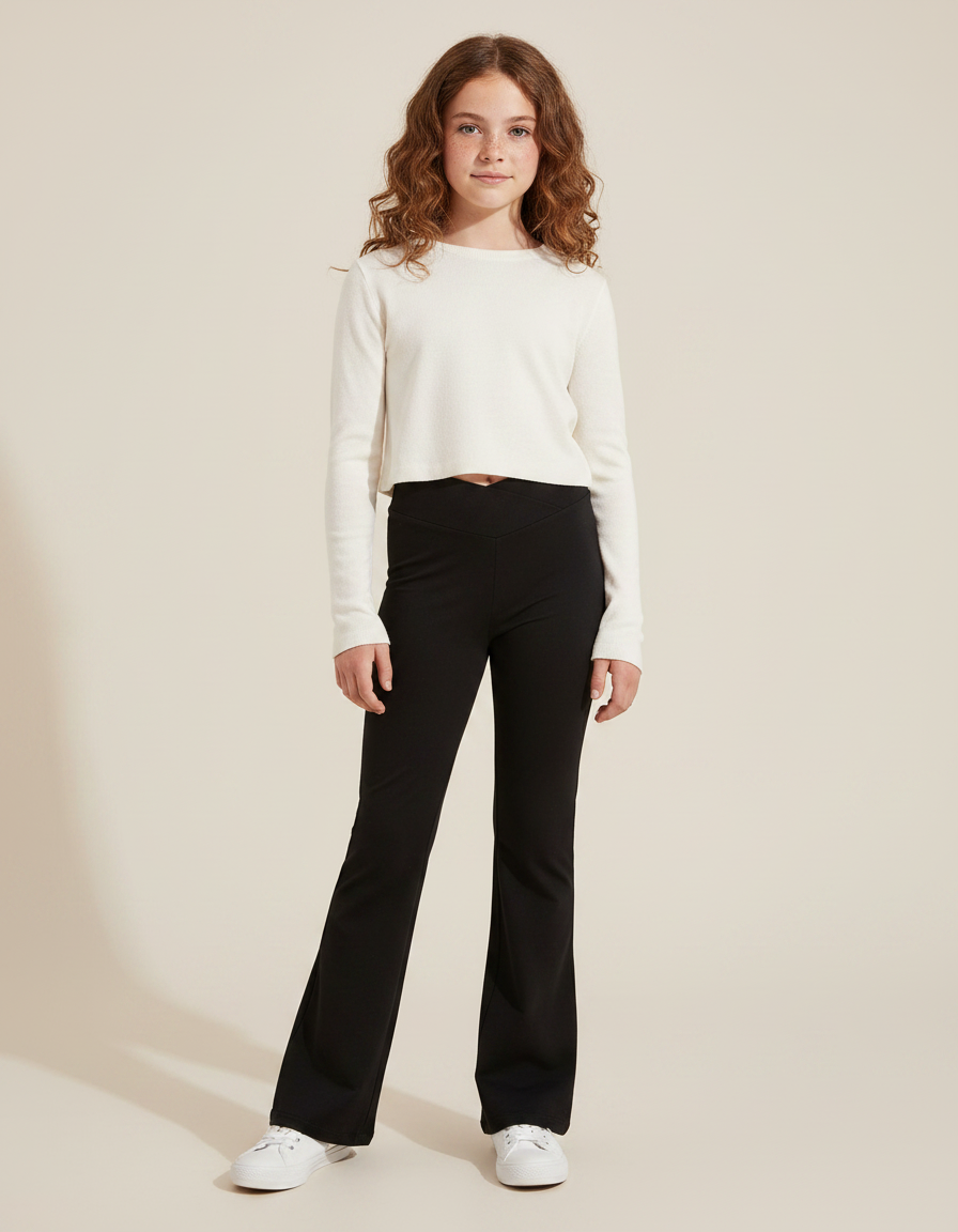 Pantalon Noir Flared Taille Haute Fille Confortable - Maille