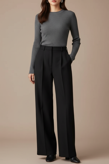 Pantalon Noir Taille Haute Plissé Large Femme - Gabardine