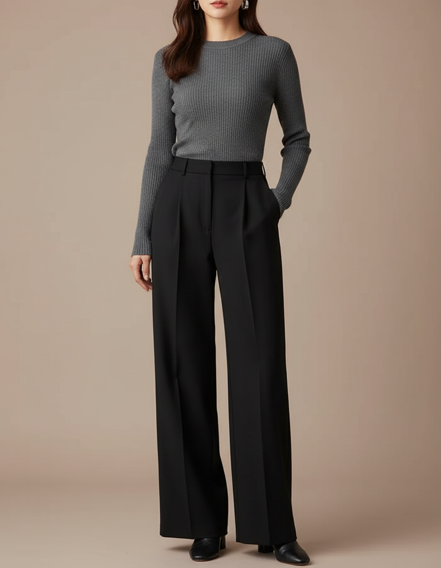 Pantalon Noir Taille Haute Plissé Large Femme - Gabardine