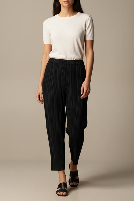 Pantalon Noir Plissé Fluide Décontracté Femme Élégant - Polyester