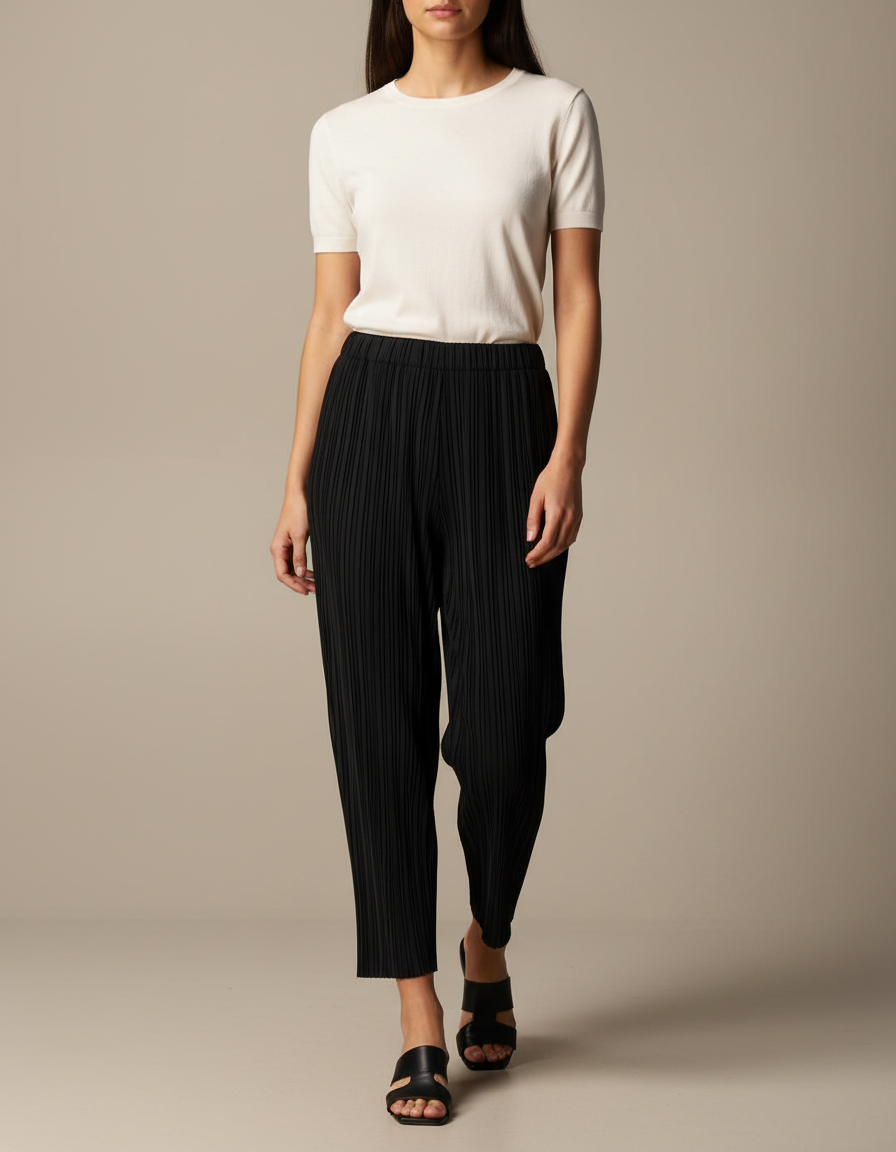 Pantalon Noir Plissé Fluide Décontracté Femme Élégant - Polyester