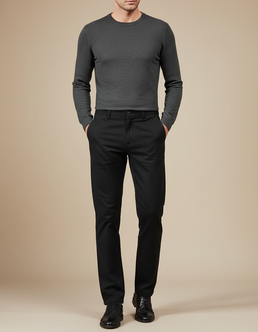 Pantalon Noir Coton Droit Confortable Décontracté Homme