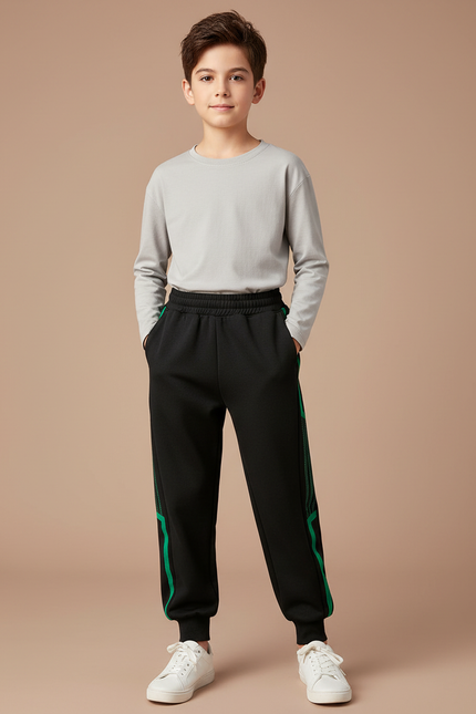Pantalon Noir Sport Jogging Lignes Vertes Enfant - Molleton