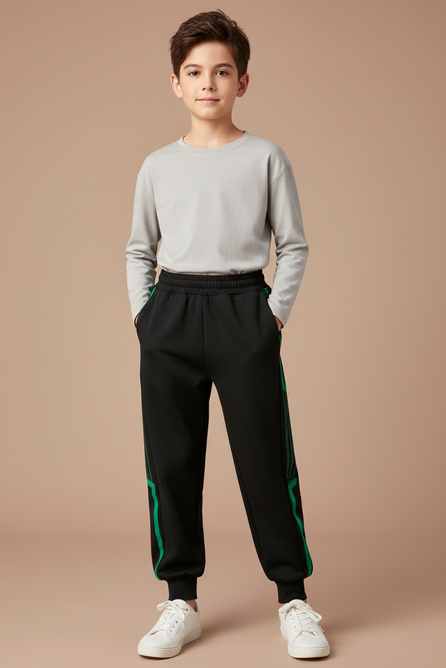 Pantalon Noir Sport Jogging Lignes Vertes Enfant - Molleton