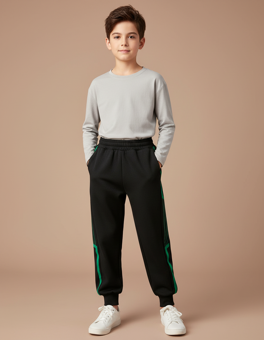 Pantalon Noir Sport Jogging Lignes Vertes Enfant - Molleton