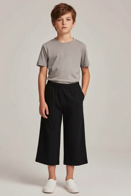 Pantalon Noir Ample Court Garçon Décontracté Fluide - Polyester