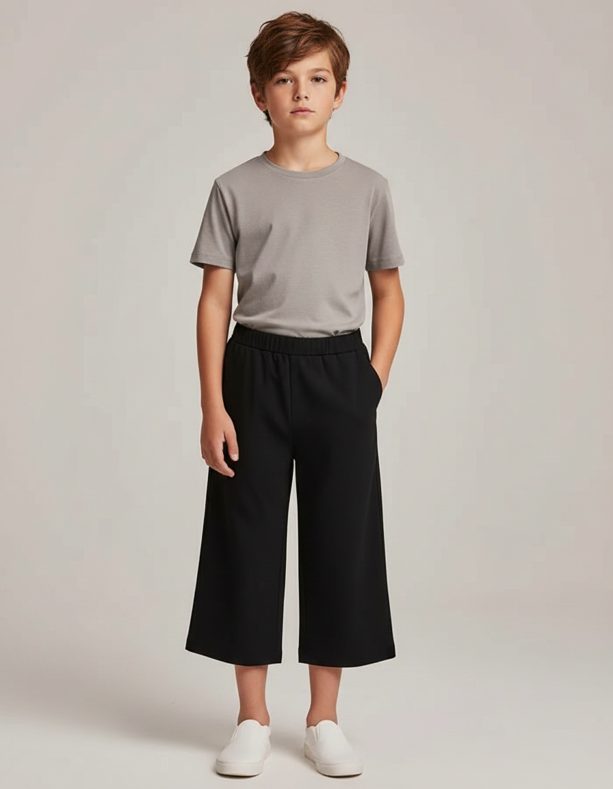 Pantalon Noir Ample Court Garçon Décontracté Fluide - Polyester