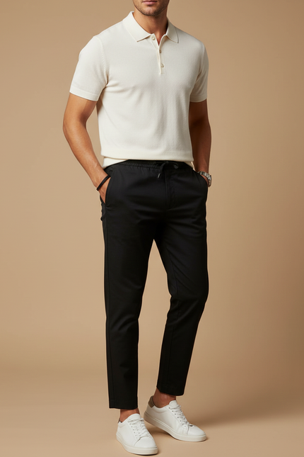 Pantalon Noir Homme Cordon Décontracté Slim Élégant - Polyester