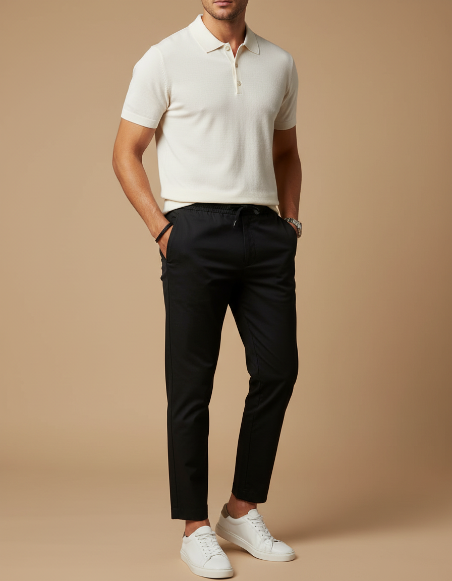 Pantalon Noir Homme Cordon Décontracté Slim Élégant - Polyester