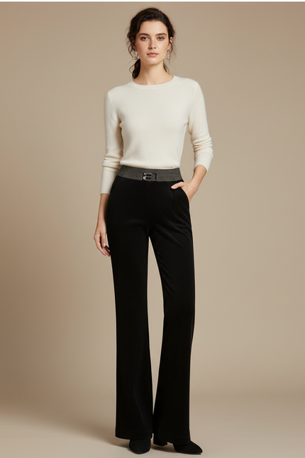 Pantalon Noir Côtelé Évasé Taille Haute Femme - Cordé