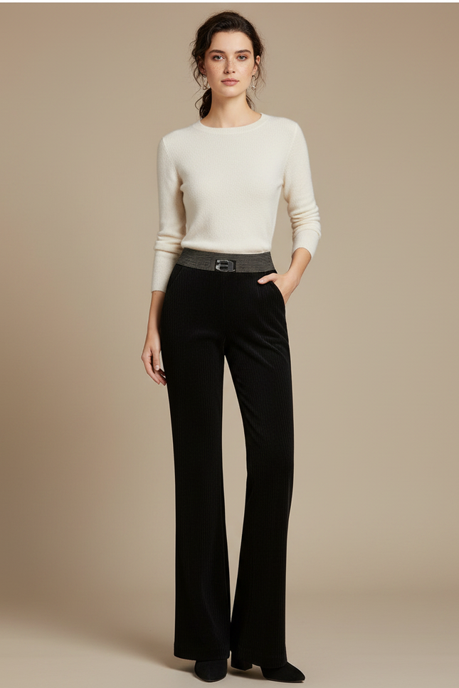 Pantalon Noir Côtelé Évasé Taille Haute Femme - Cordé